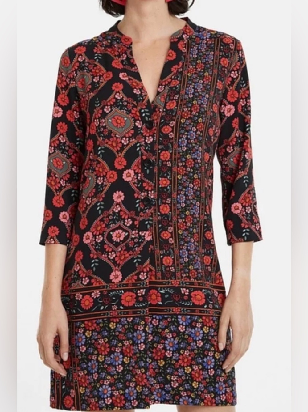 Desigual Black Red Pink Floral Patchwork Coat Dress - Picture 4 of 5